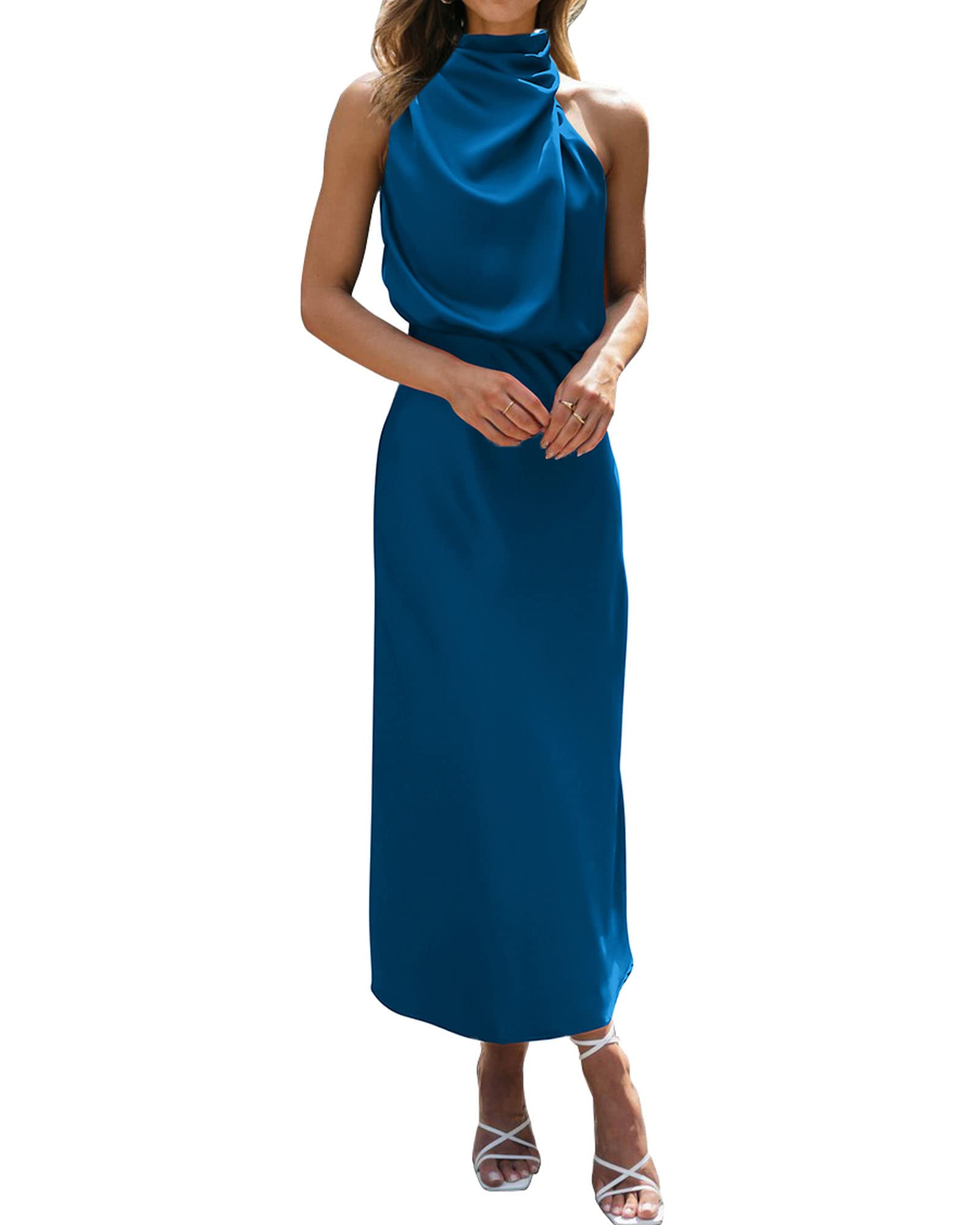 BTFBM Women's Sleeveless Cocktail Dress with Mock Neck & Keyhole Detail - Elastic High Waist Evening Gown for Wedding Guest, Party, Prom & Formal Occasions