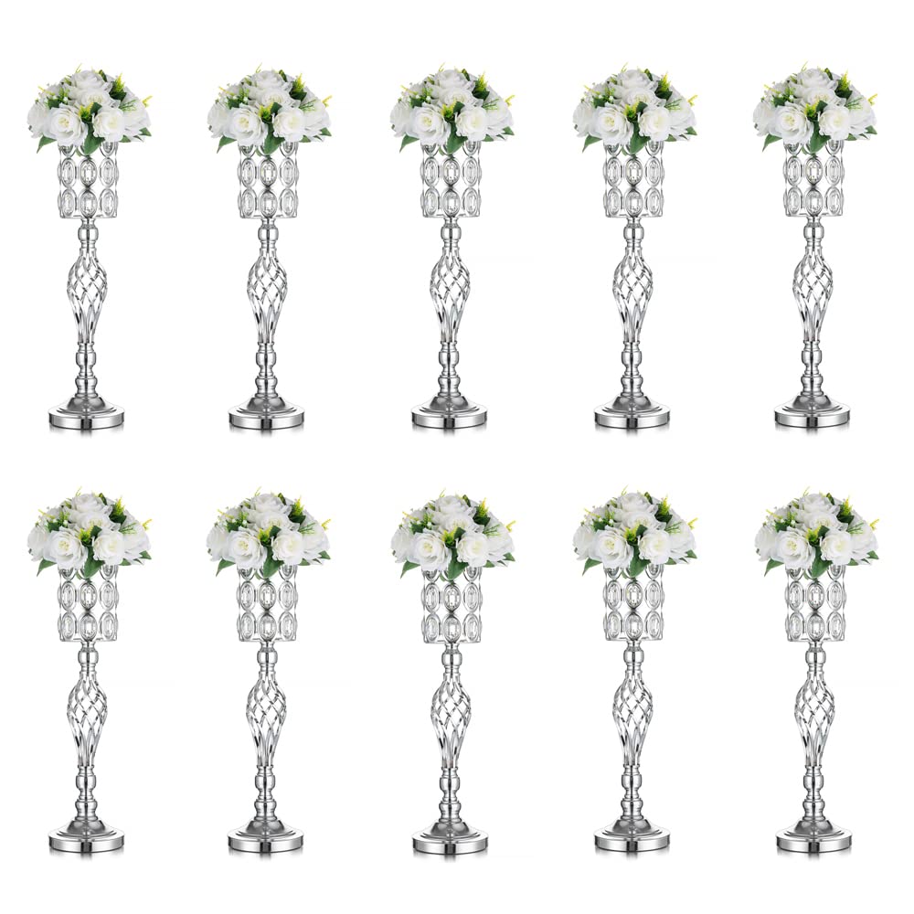 10-Pack Silver Metal Vases for Wedding Centerpieces - Tall Crystal Beaded Flower Stands for Tables, Birthday Parties & Home Decor | Elegant Event Decoration for Weddings, Anniversaries & Special Occasions