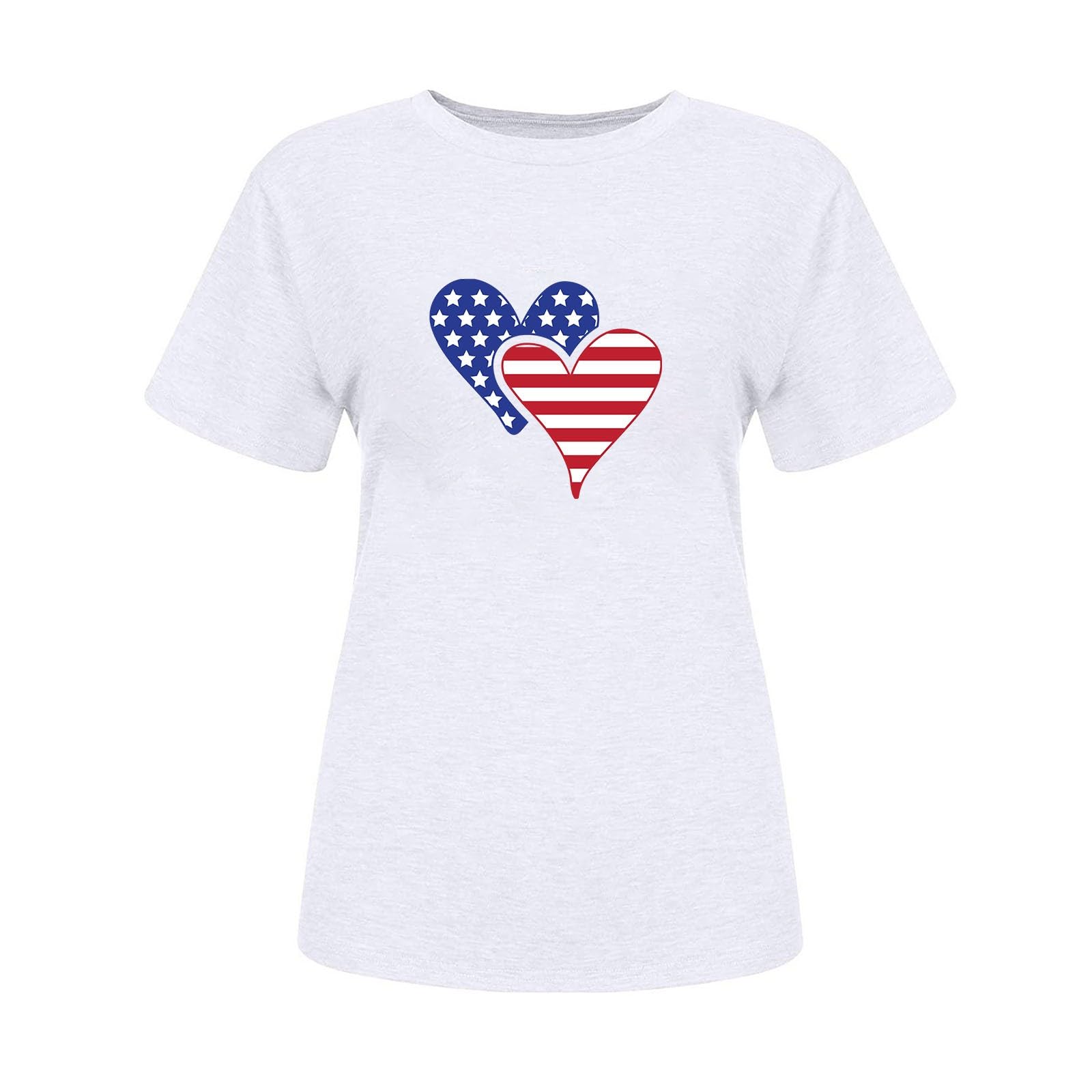 Trendy Funny American Flag Love Printed Women's T-Shirt - Round Neck Short Sleeve Casual Basic Tee for Business & Everyday Wear - Loose Fit Comfortable Top for Summer Outfits, Parties and Patriotic Events