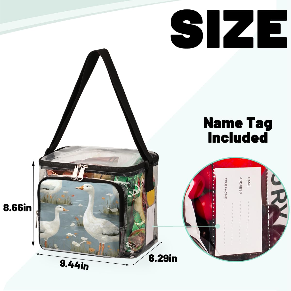 GzLeyigou Clear Duck Print Tote Bag with Handles - Transparent Crossbody Shoulder Lunch Bag for Women & Men | Perfect for Outdoor, Travel, Picnic, Concerts, Sports Events & Stadium Approved | Waterproof & Durable