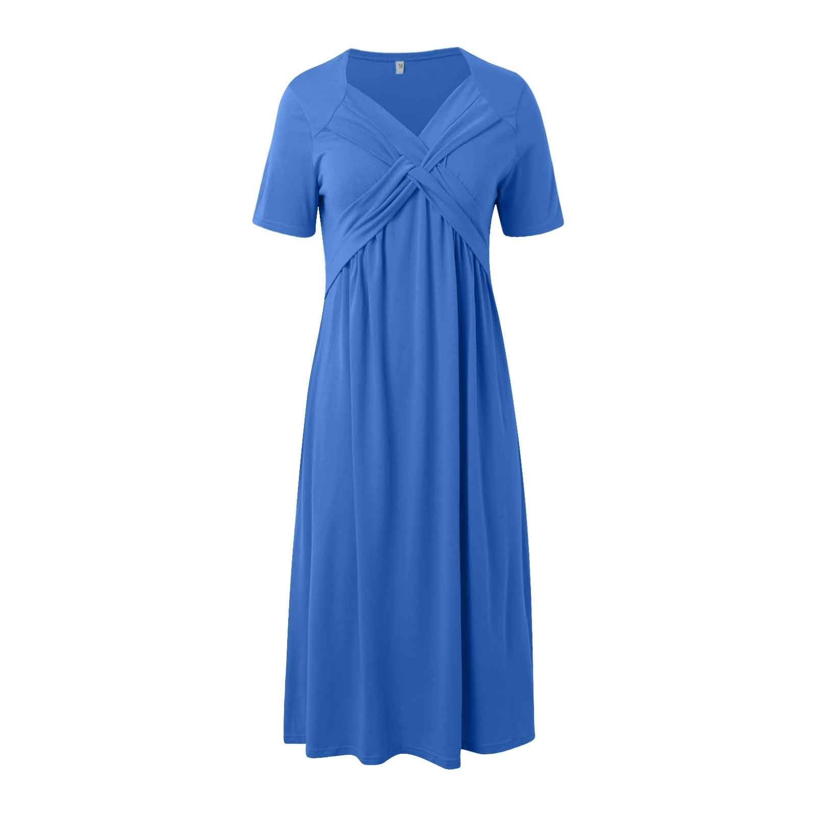 2024 Women's Summer Sundress - Casual Short Sleeve V-Neck Beach Dress with Pockets, Loose Swing Pleated Wrap Design for Vacation, Pool Party & Outdoor Activities