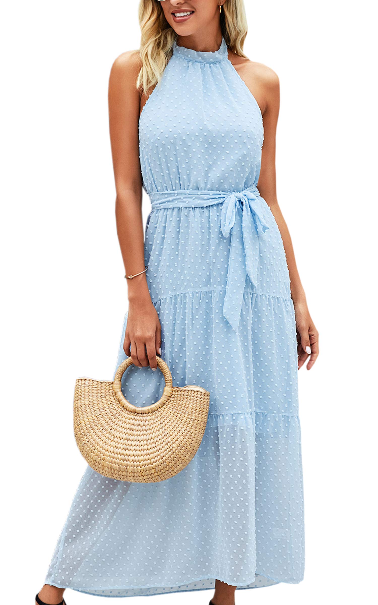 ECOWISH Women's Boho Floral Print Halter Neck Backless Maxi Dress - Sleeveless Summer Casual Beach Dress for Vacation, Party & Outdoor Events