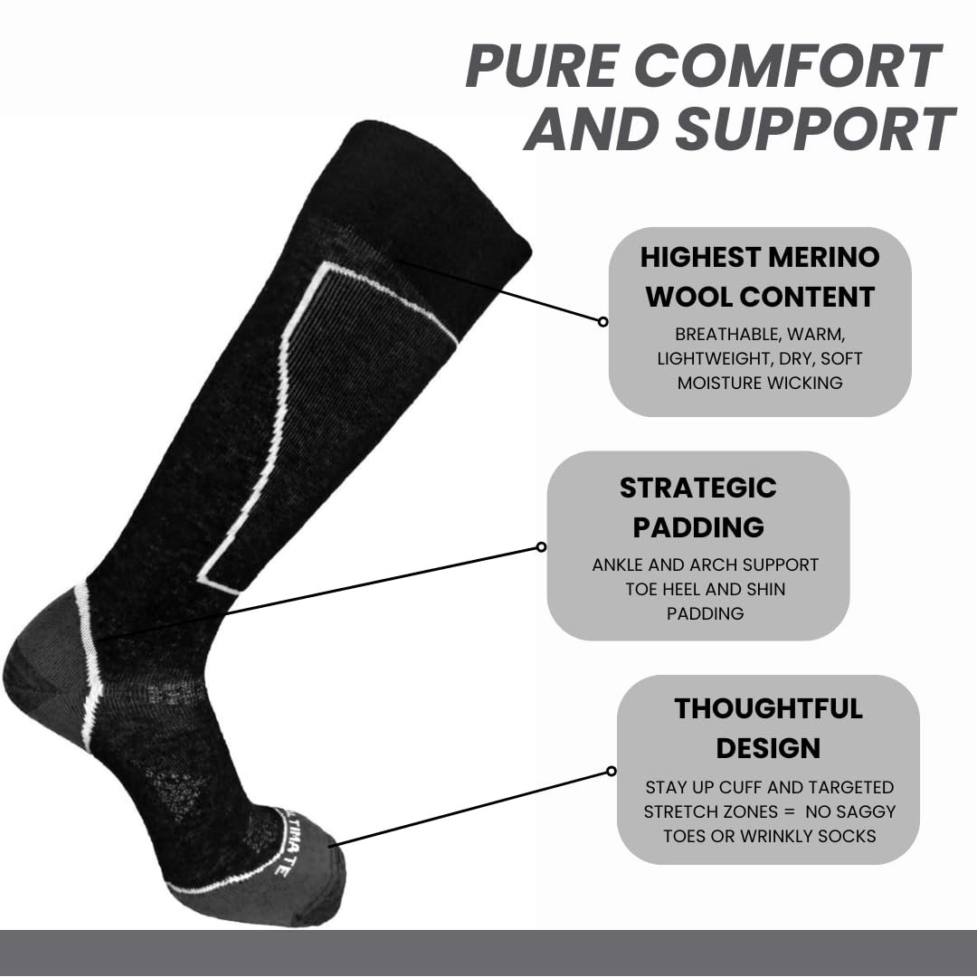 Premium Merino Wool Ski Socks for Men - Thermal Winter Snowboard Socks with Cushioned Arch Support & Breathable Comfort - Perfect for Skiing, Snowboarding & Cold Weather Outdoor Activities