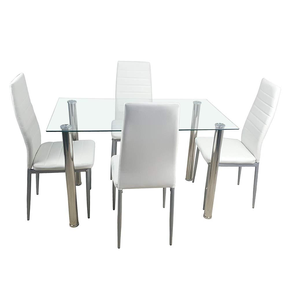 5-Piece Modern Dining Table Set with Tempered Glass Top & 4 PU Leather Chairs - White Kitchen Furniture for Small Spaces, Apartments & Family Gatherings