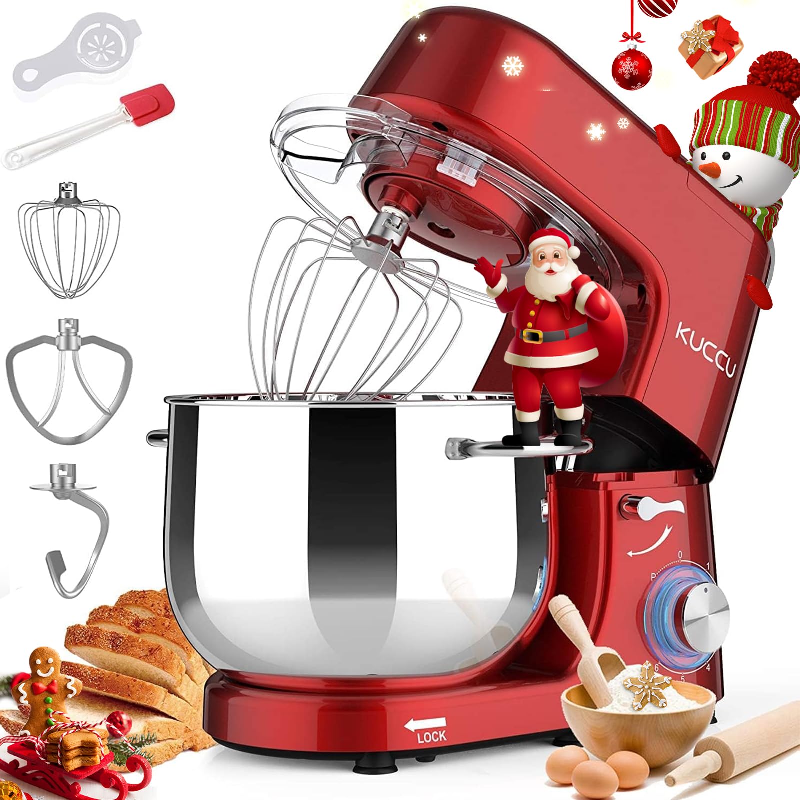 9.5 QT KUCCU Stand Mixer with 6 Speeds & Pulse Function - 660W Tilt-Head Electric Kitchen Mixer for Baking - Includes Dough Hook, Flat Beater, Whisk & Splash Guard - Dishwasher Safe - Perfect for Cakes, Cookies, Bread & Dough (Red)