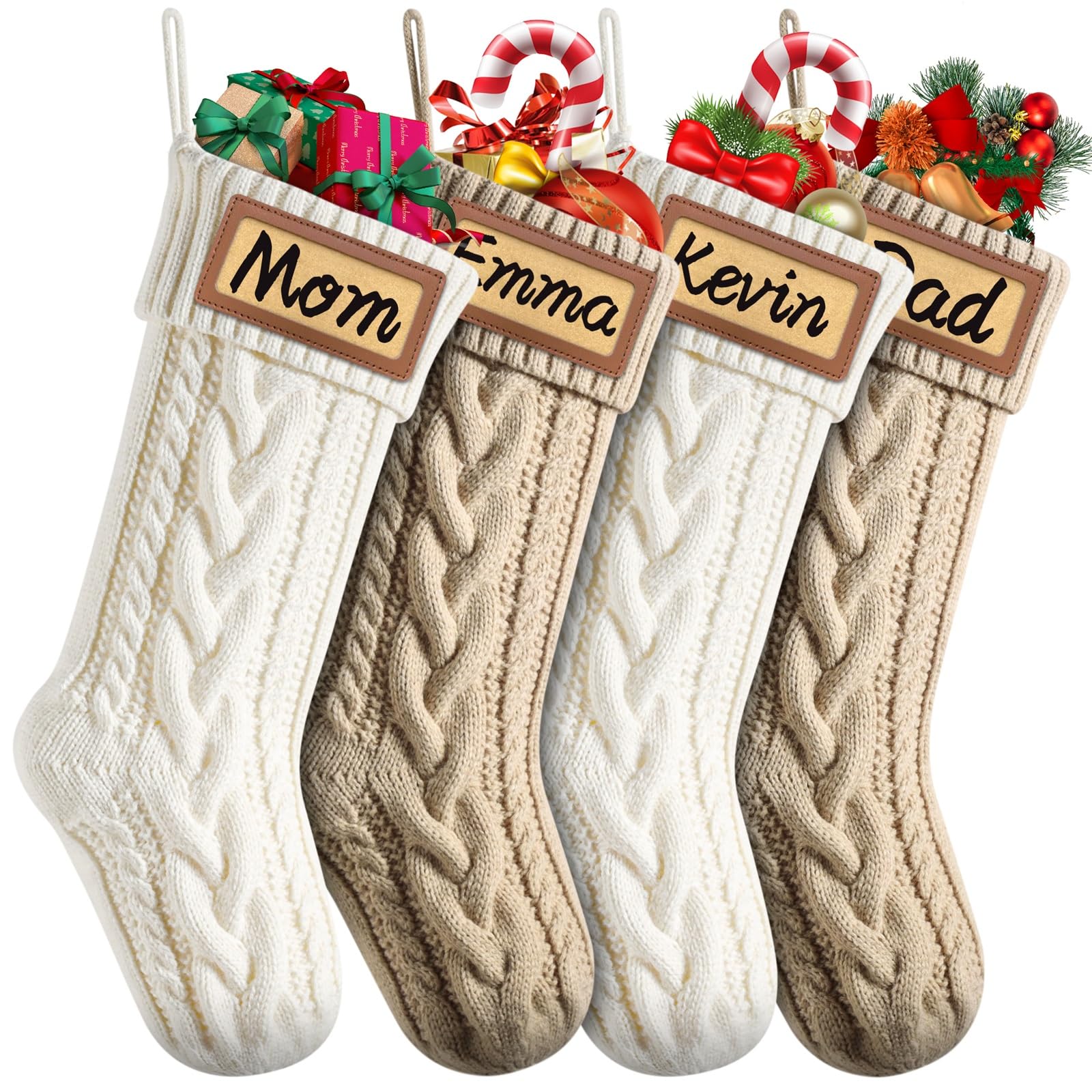 **Dalzom® 4Pcs Personalized Christmas Stockings with Leather Patches - Custom Name, 18