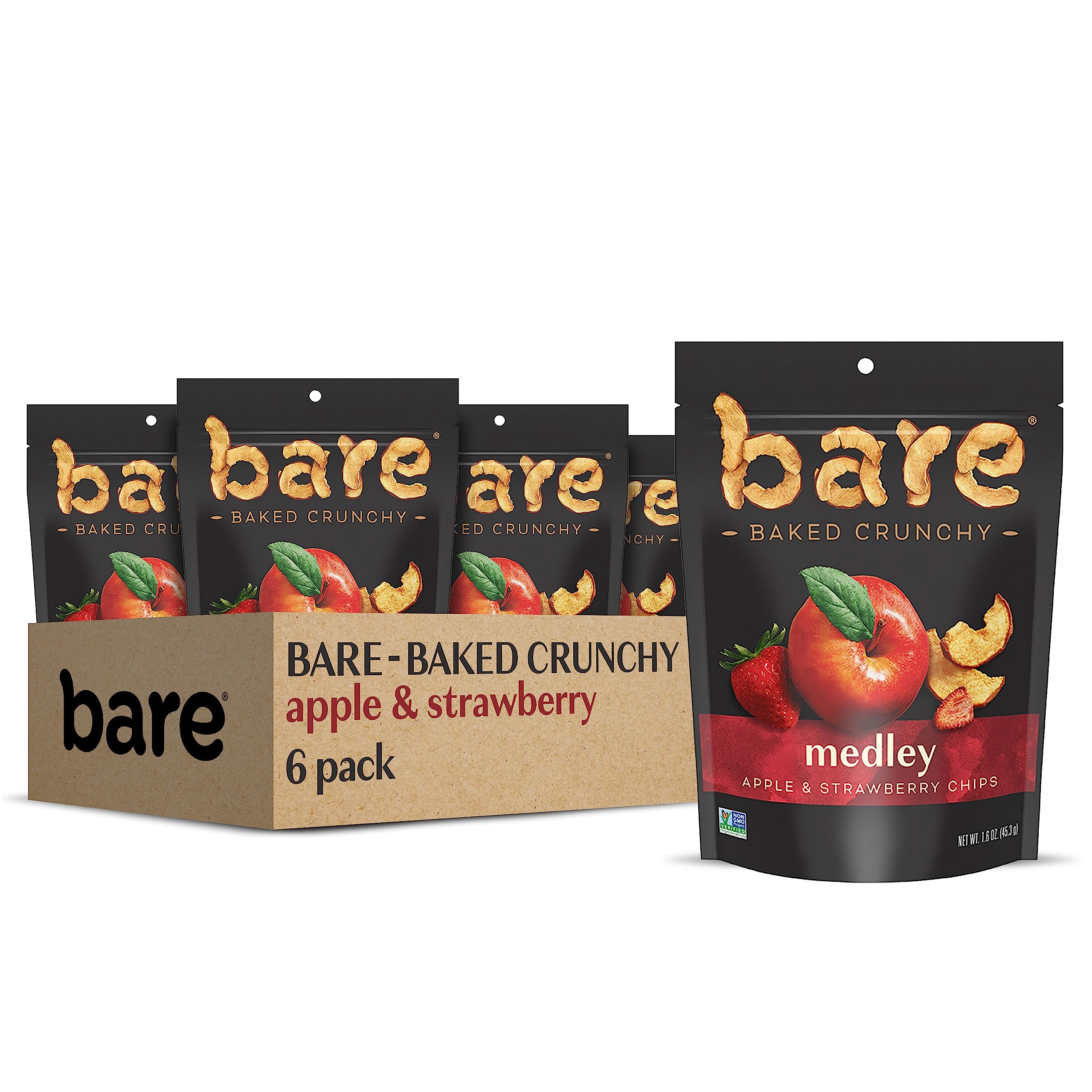 Bare Baked Crunchy Medleys Apple Strawberry Snacks - 1.6oz Single Serve Bags (6 Pack) - Healthy On-the-Go Snack for Kids Lunch, Office & Travel