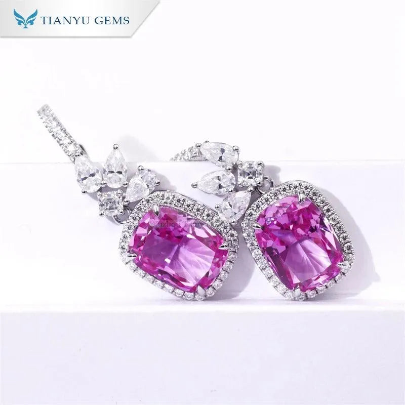 14K White Gold Cushion Cut 9x12mm Corundum Drop Earrings for Women - Elegant Moissanite Dangling Pear DE Earrings for Parties, Weddings & Special Occasions