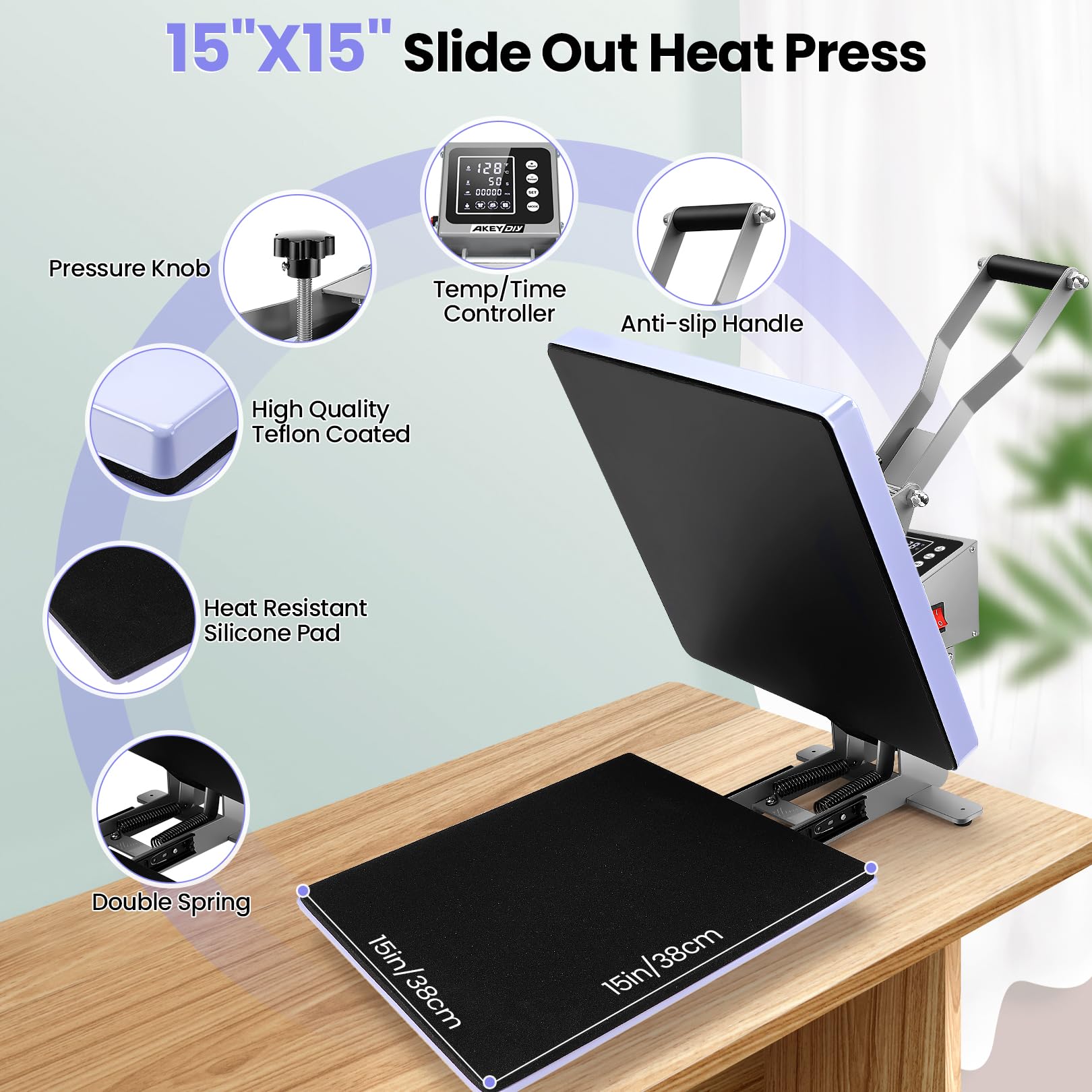 15x15 Inch Digital Clamshell Heat Press Machine - Industrial Grade Sublimation Transfer Printer with Slide Out Tray for T-Shirts, Bags, Pillows & Plates | Perfect for DIY Crafts, Custom Apparel & Small Business Printing