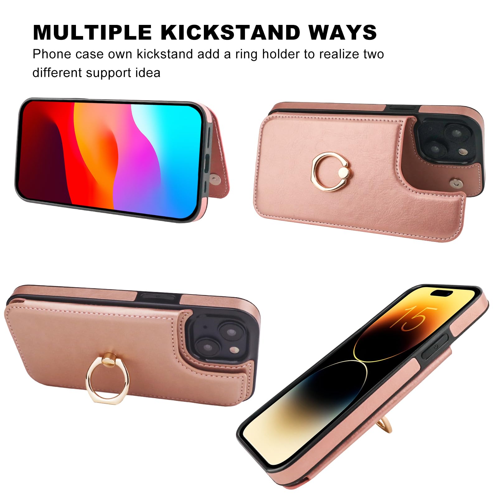 Premium 360° Rotating Ring Kickstand iPhone 15 Wallet Case with RFID Blocking - PU Leather Magnetic Clasp Shockproof Cover for Women (6.1
