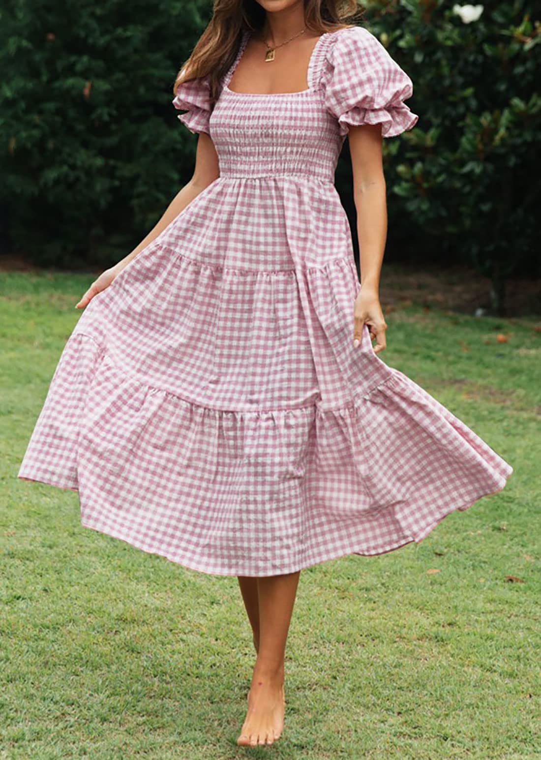 ZESICA Women's 2025 Bohemian Summer Dress - Plaid Square Neck, Puff Sleeve & Ruffle Flowy Midi Dress for Beach, Vacation & Casual Wear