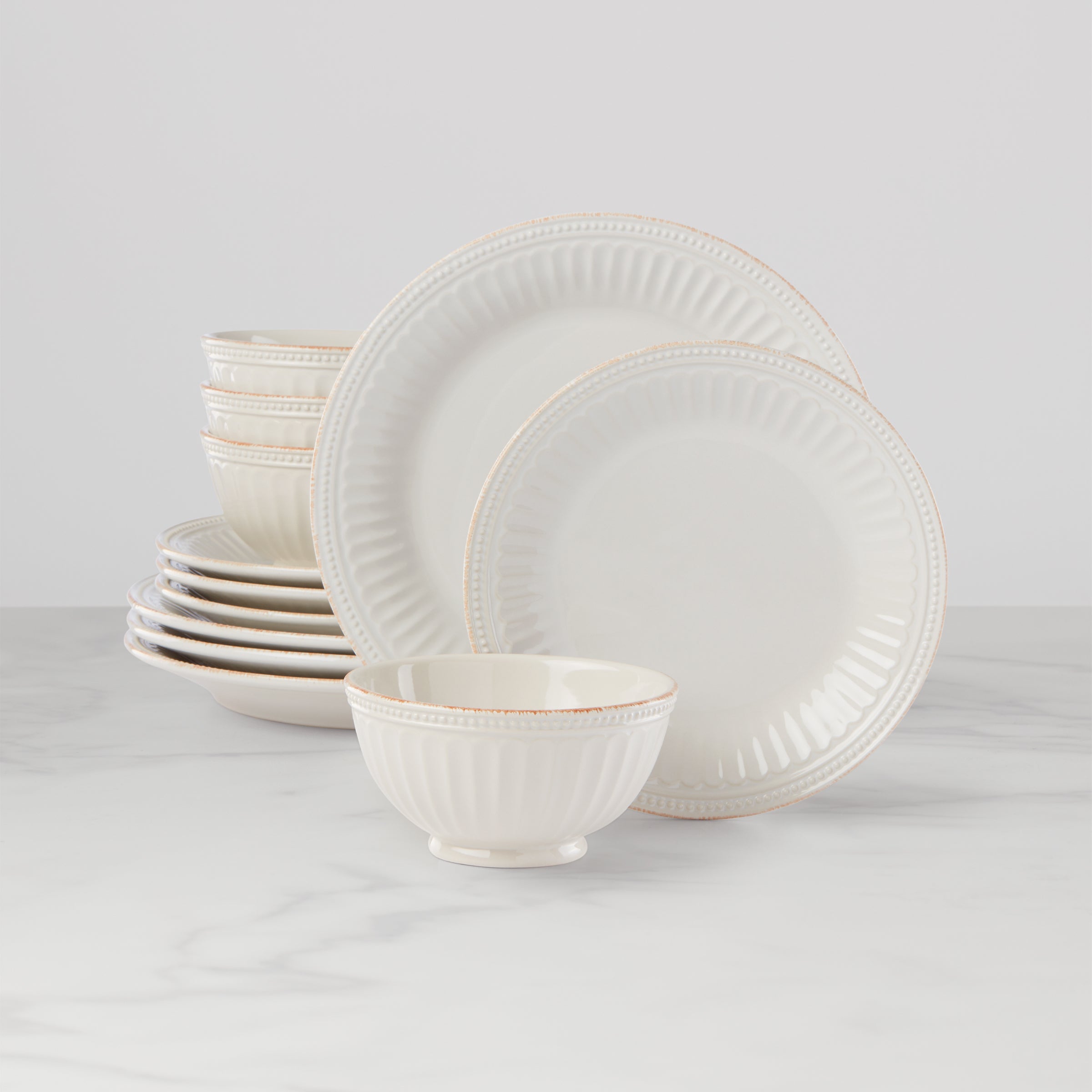 French Pearl Groove 12-Piece Dinnerware Set - Elegant Porcelain Plates, Bowls & Cups for Formal Dining, Wedding Registry & Special Occasions