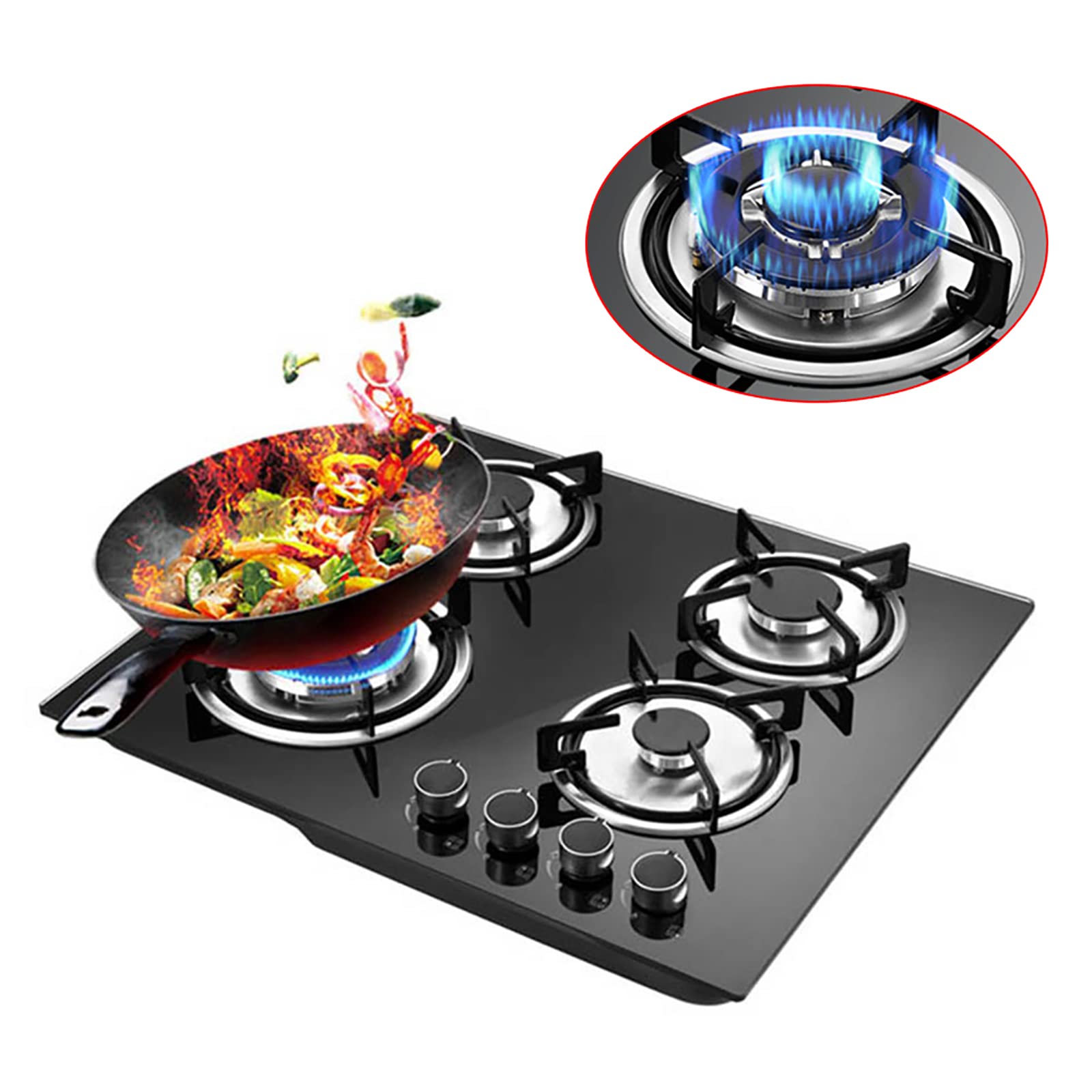 24 Inch 4 Burner Built-in Gas Cooktop - Dual Fuel LPG/NG - Tempered Glass Surface - Easy Clean Kitchen Stove for Home Cooking, Grilling & Meal Prep