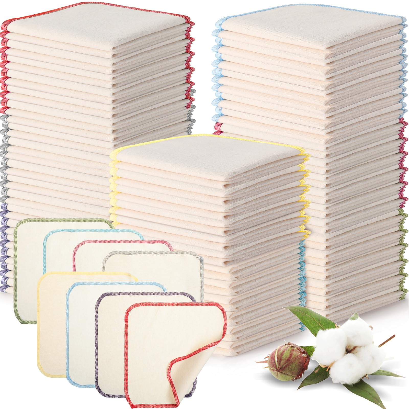 Mixweer 96-Pack Reusable Flannel Baby Wipes - Soft, Washable & Unbleached Cloth Diaper Wipes (8x8 Inches, 8 Colors with Outer Stitching) - Gentle for Baby Face, Hands & Diaper Changes - Perfect for Nursery, Travel & Eco-Friendly Parenting