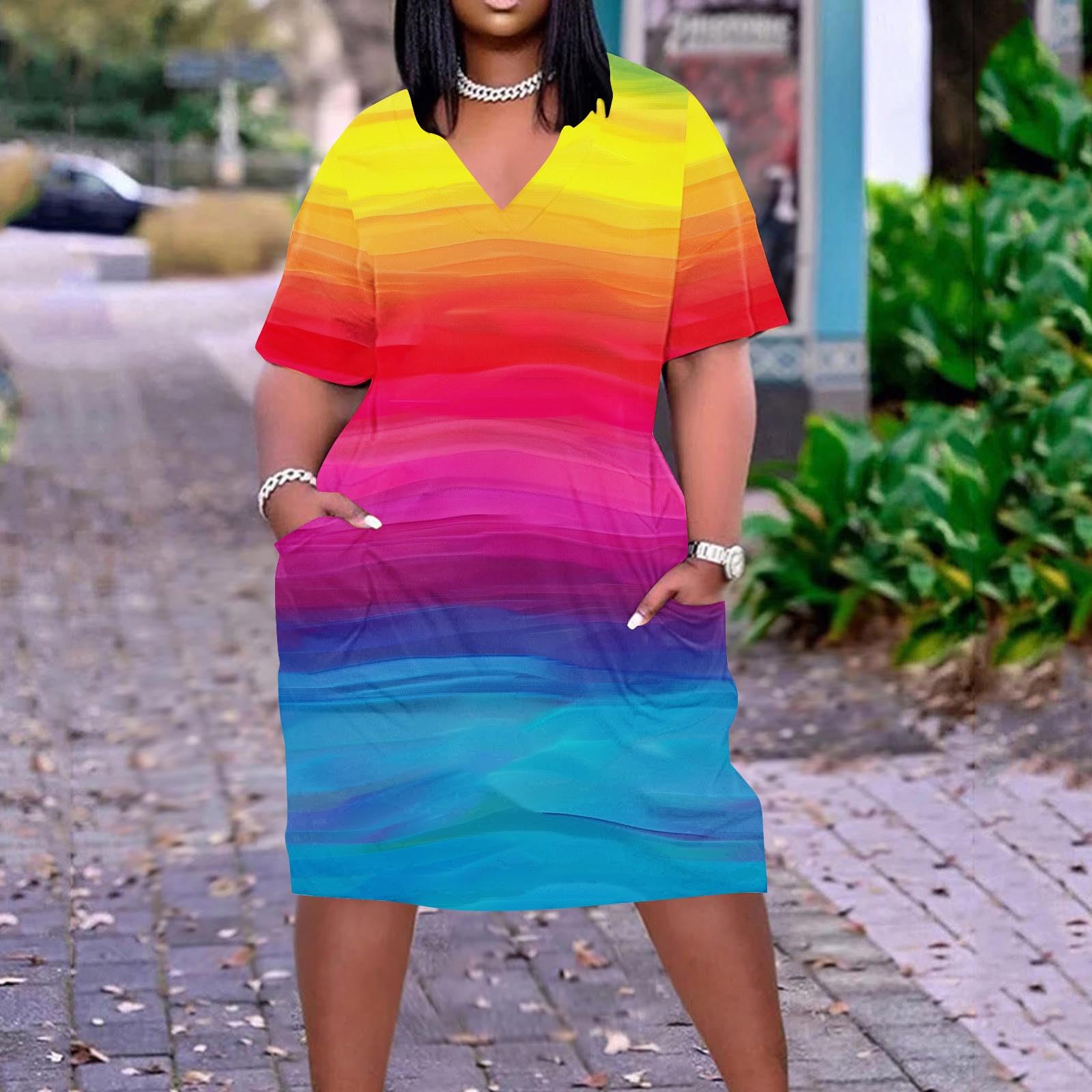 2024 Plus Size Summer Dresses for Women - Flattering Midi Tshirt Dress with V Neck & Pockets | Casual Short Sleeve Outfit for Beach, Vacation & Everyday Wear (Small)