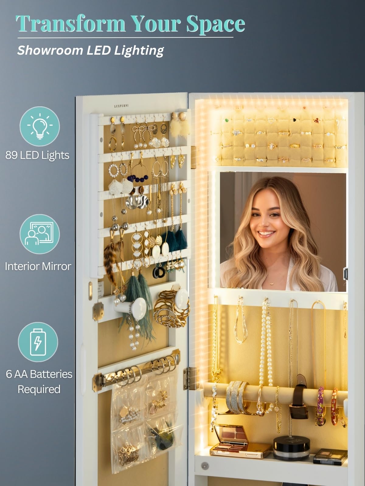LUXFURNI White LED Jewelry Cabinet Mirror with Storage - Wall/Door Mounted Jewelry Organizer Armoire, Lockable Interior Mirror for Bedroom & Dressing Room