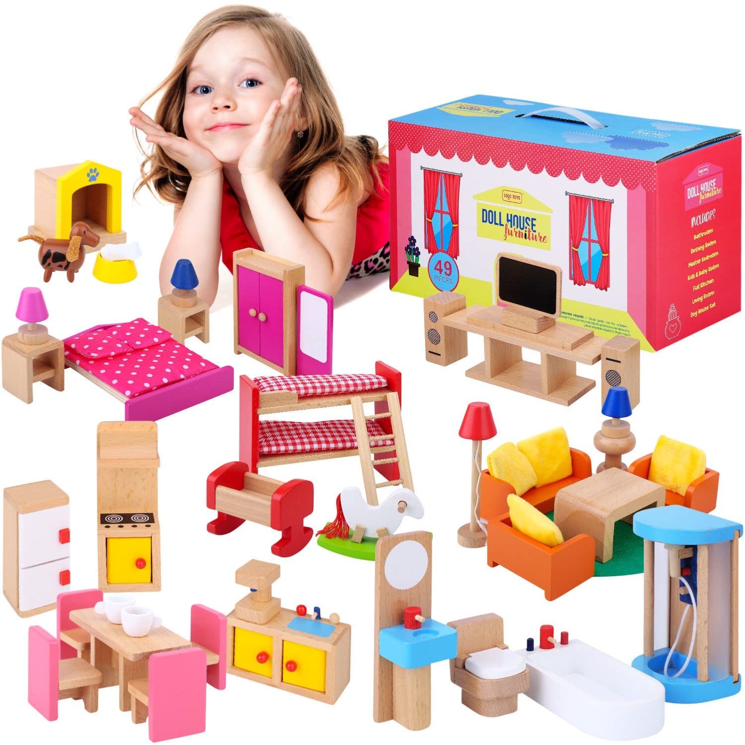 Premium Wooden Dollhouse Furniture Set – 49PCS, 7 Rooms – Miniature Doll House Furniture & Accessories for Kids – Perfect for Pretend Play, Birthday Gifts & Room Decor