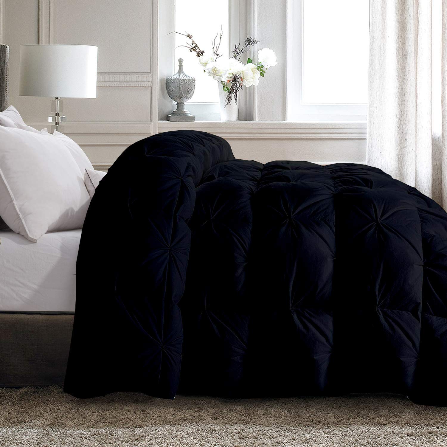 Premium Black Pinch Pleat Goose Down Comforter King/Cal-King - 100% Egyptian Cotton Duvet Insert, 500 GSM, 800 TC with Corner Tabs & Baffle Box Design - Includes 2 Pillow Cases (3 pc Set) - Luxury Bedding for Master Bedroom, Guest Room & Hotel Use