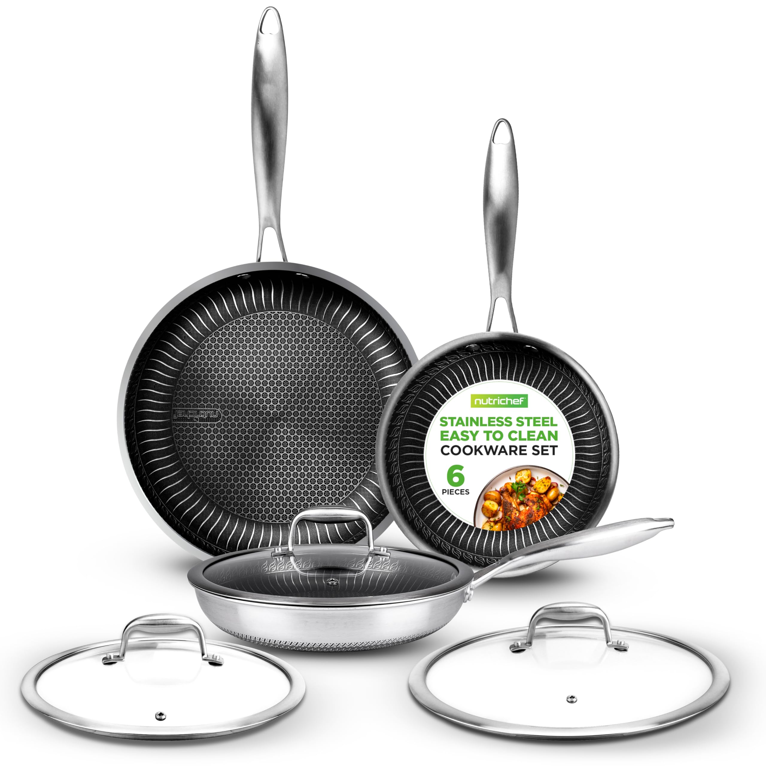 NutriChef 6-Piece Tri-Ply Stainless Steel Cookware Set - 8