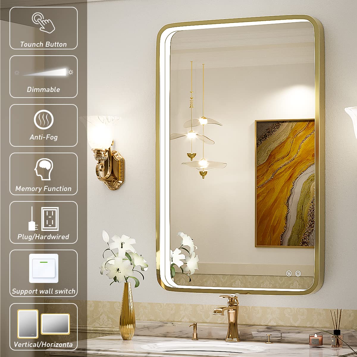 24x36 Inch LED Bathroom Vanity Mirror with Lights - Wall Mounted Lighted Mirror with Anti-Fog, Dimmable Memory Function & Rustproof Gold Metal Frame - Perfect for Bathroom, Dressing Room and Makeup Area (Horizontal & Vertical)