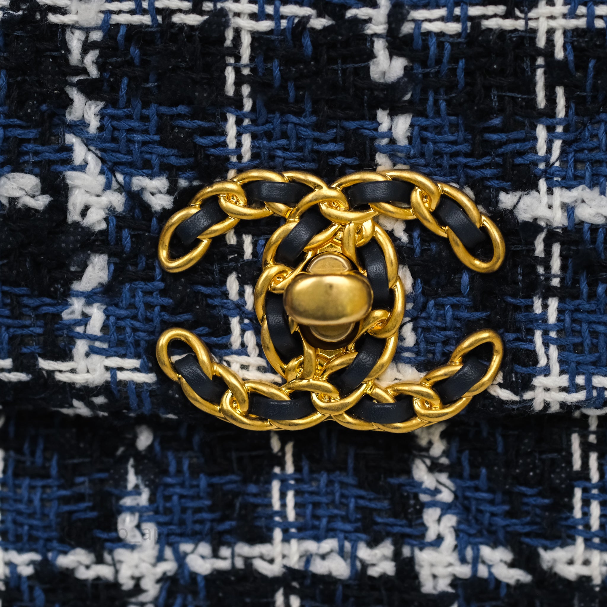 Chanel 19 Small Handbag in Blue, White & Black Grid Tweed with Mixed Hardware - Perfect for Work, Travel & Evening Events