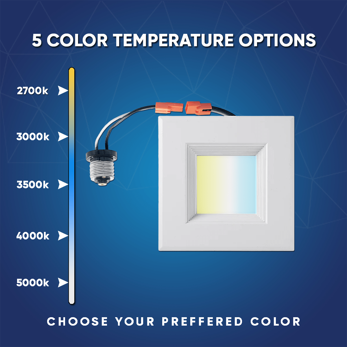 4 Pack Square LED Downlight 10W, 5 Adjustable Color Temperatures (2700K-5000K), 120V AC, Baffle Aluminum Trim, Damp Rated - Perfect for Kitchen, Bathroom, Living Room & Office Lighting