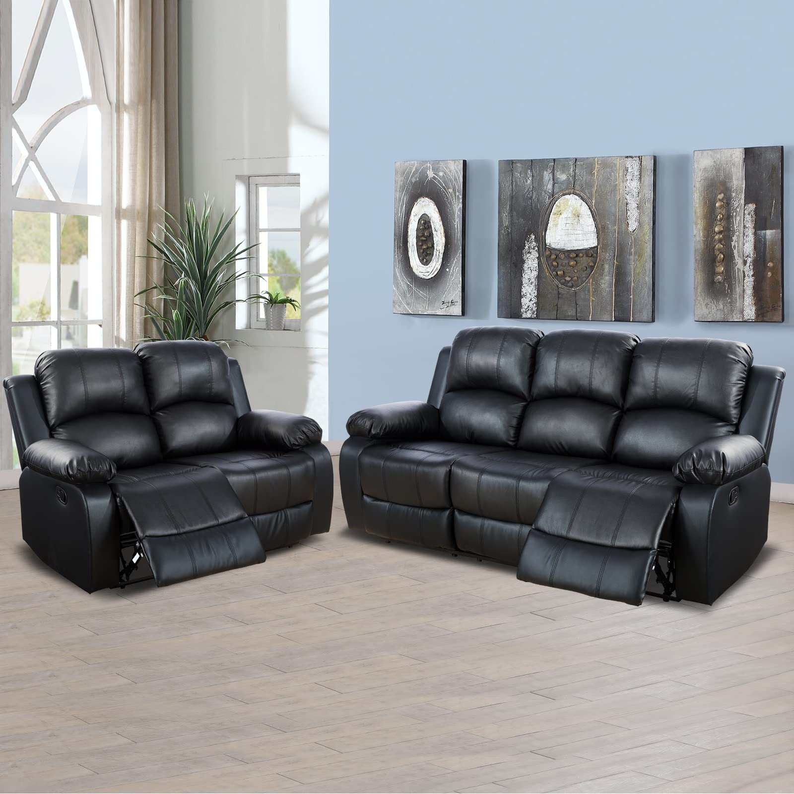 Luxury Recliner Sofa Set - Black Leather Reclining Couch & Loveseat for Living Room | Modern Home Theater Seating | Comfortable Lounge Furniture for Family Room & Entertainment Space