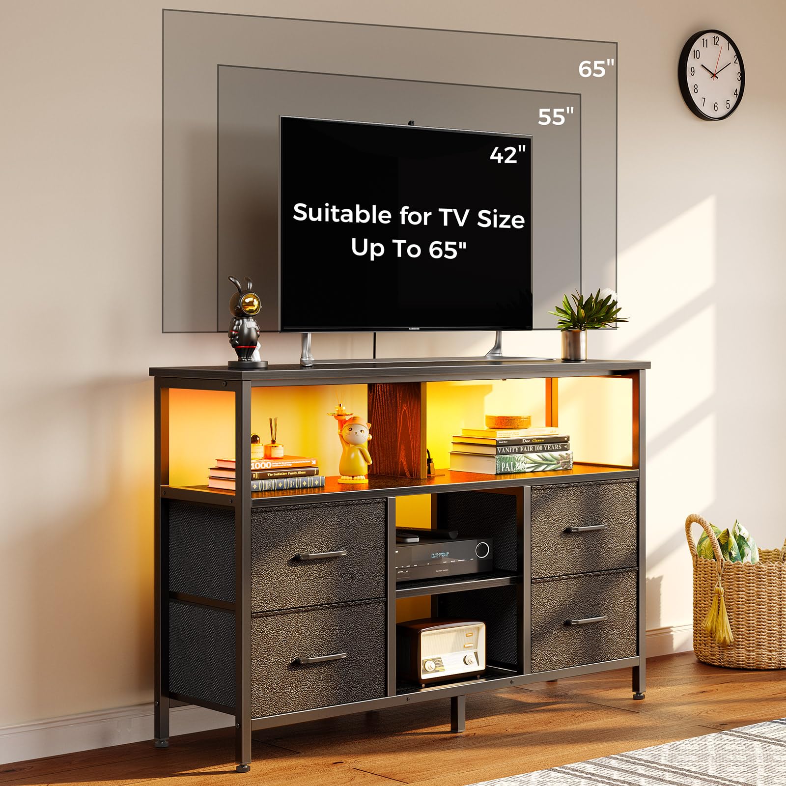Rolanstar TV Stand with Power Outlets, LED Lights & Storage for 32-65