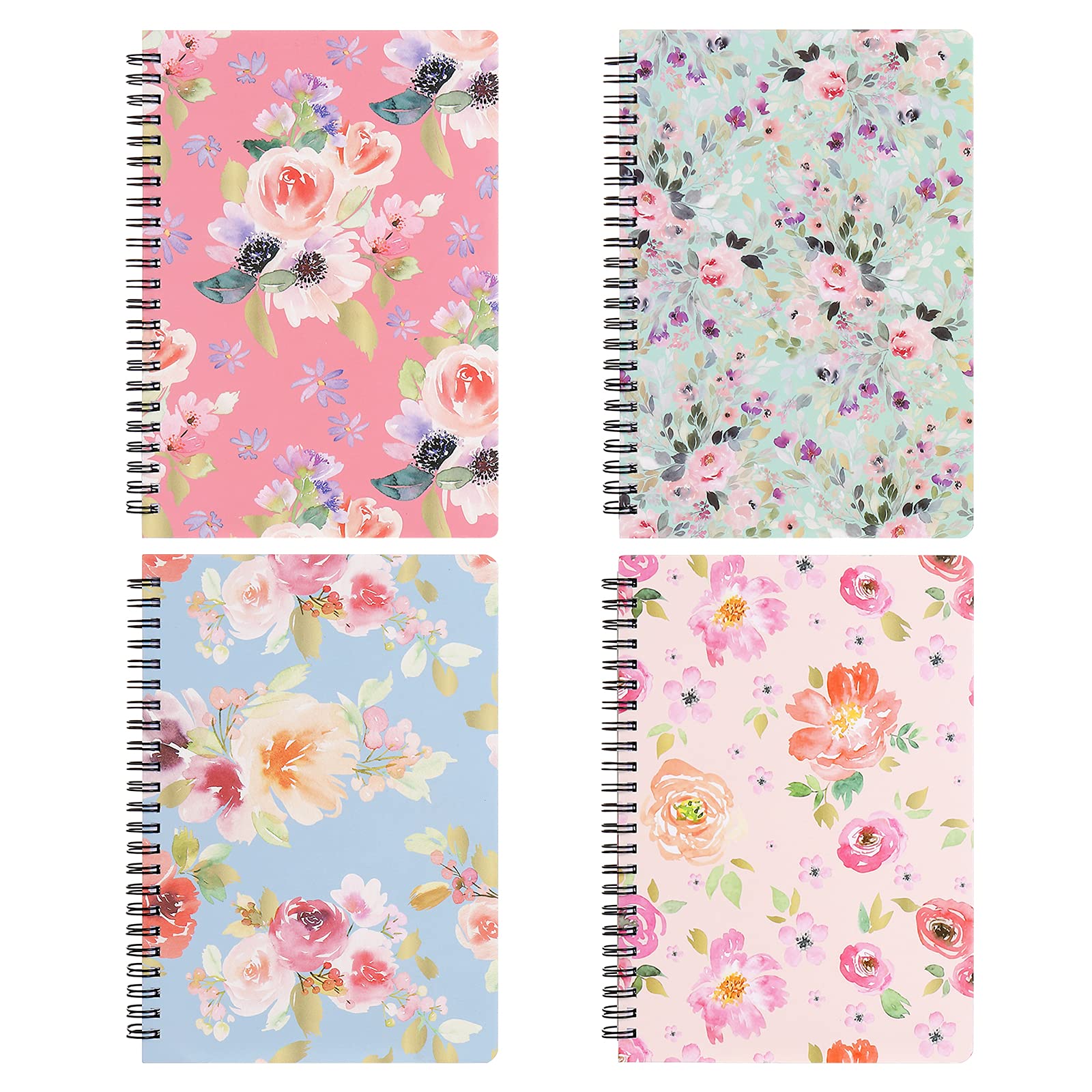 6 × 8 Inch Spiral Notebooks 4-Pack - A5 Size College Ruled Journals with Floral Hardcover, 320 Sheets/640 Pages & Inner Pocket - Cute School Supplies for Women, Perfect for Note Taking, Journaling & Gift Giving