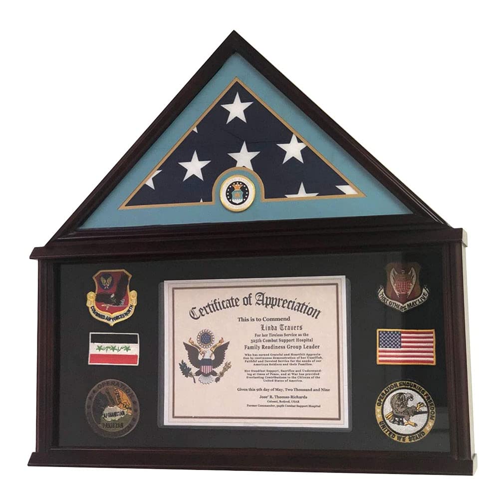 5x9 Military Shadow Box Display Case - Solid Mahogany Wood Flag Frame for Air Force Burial & Memorial | Wall-Mounted Home Decor for Veterans & Patriotic Display
