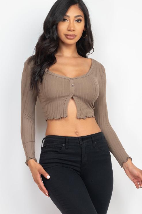 Stylish Ribbed Button Front Split Long Sleeve Top for Women | Trendy Casual & Office Wear | Perfect for Layering in Fall & Winter