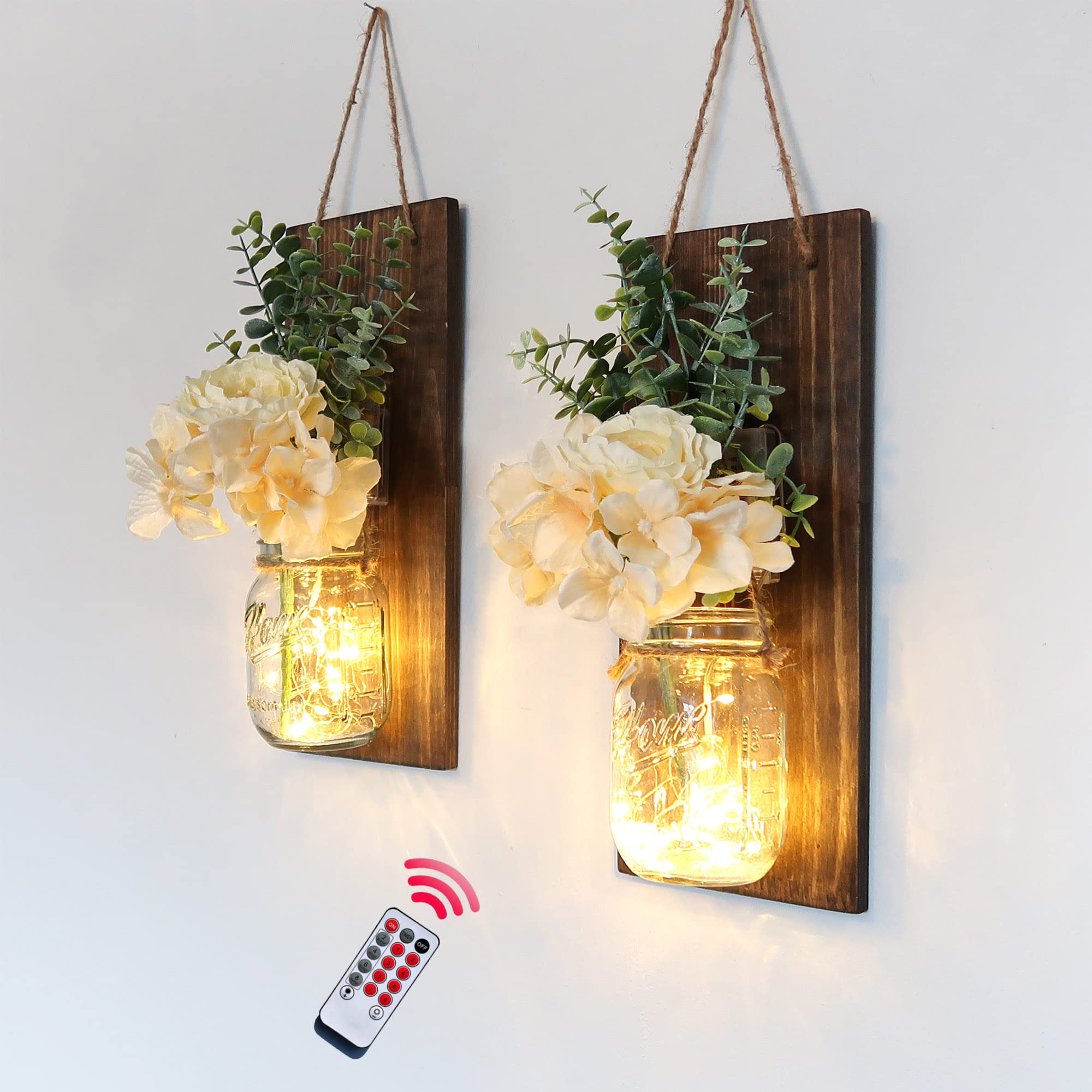 Besuerte Rustic Wall Hangings for Living Room & Bedroom - Farmhouse Home Decor with LED Fairy Lights & Rose Flowers - Set of 2 XL Jacobean Wall Art - Perfect for Cozy Living Spaces, Wedding Decor & Boho Chic Interiors