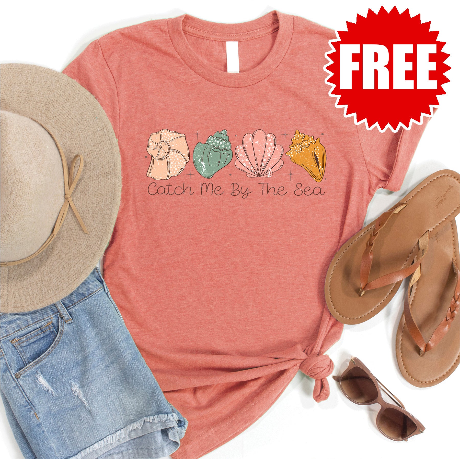 Catch Me By The Sea T-Shirt - Heather Papaya Color - Soft Cotton Casual Tee for Beach Outings, Summer Vacations & Relaxed Everyday Wear