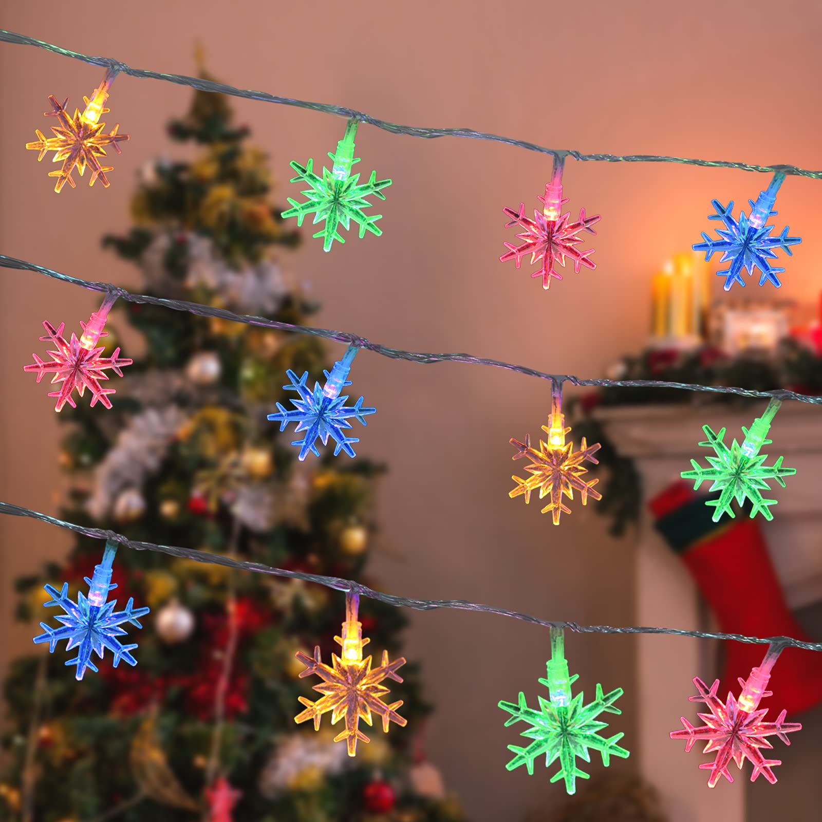 100 LED 49 FT Snowflake String Lights - Waterproof Fairy Lights with 8 Lighting Modes, Extendable for Indoor/Outdoor Christmas Tree Decor, Wedding Party, Birthday Celebration & Garden Lighting (Multicolor) - Perfect for Holiday, Patio, Bedroom and Landscape Decoration