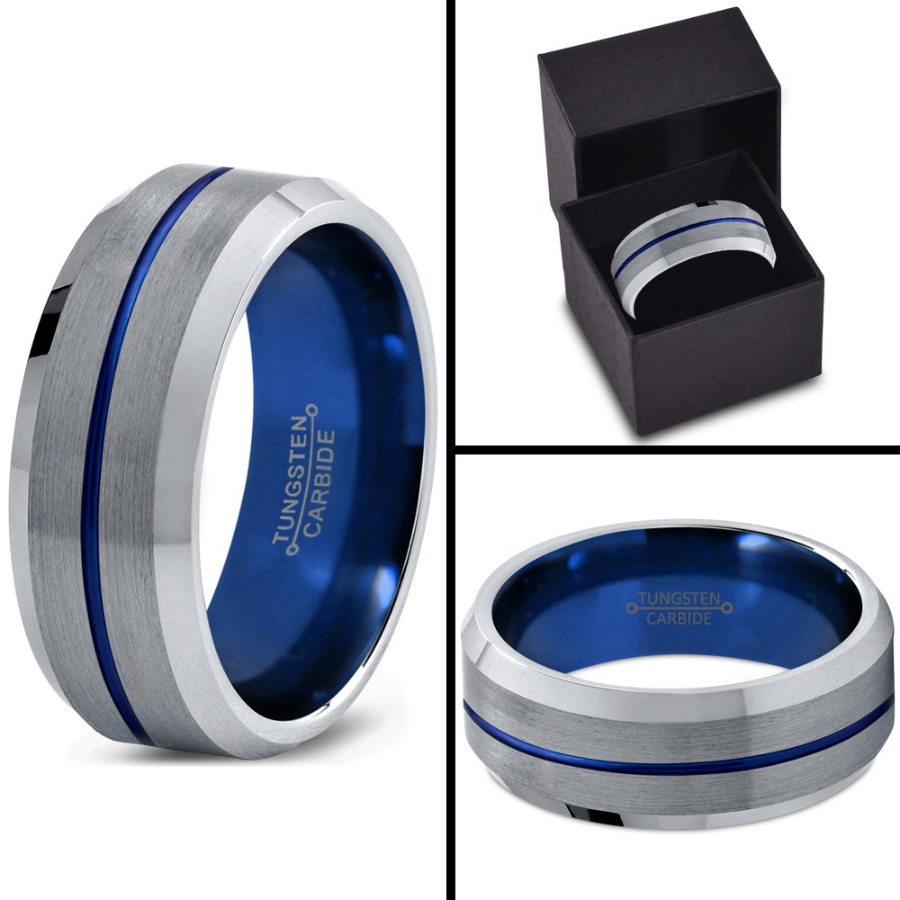 8mm Tungsten Carbide Wedding Band Ring for Men & Women - Blue Black Center Line, Beveled Edge, Brushed & Polished Finish - Custom Engraved for Anniversary & Engagement - Perfect for Everyday Wear, Gift Giving & Special Occasions
