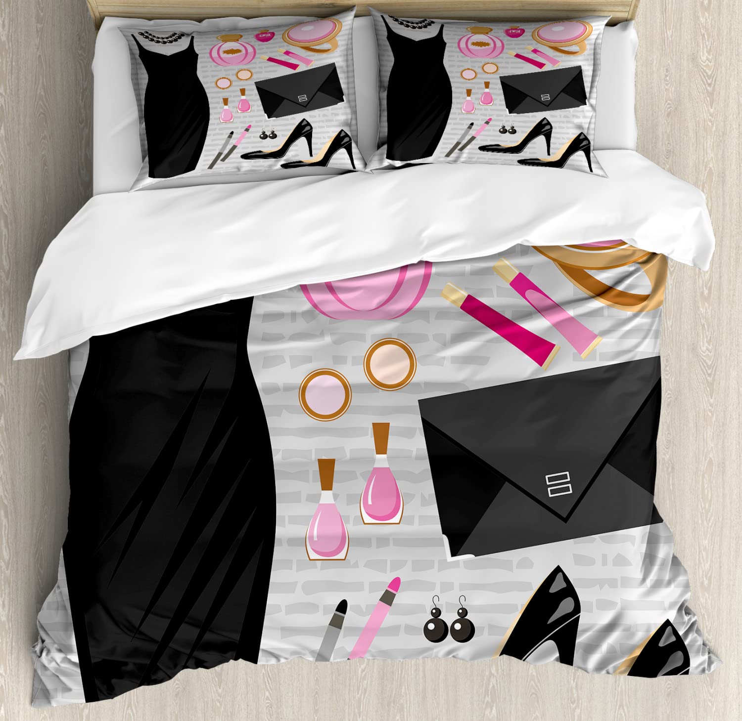 Ambesonne Women's Fashion Duvet Cover Set - 2 Pack Cal King Size, Black Cocktail Dress & Makeup Design, Includes 2 Duvet Covers & 4 Pillowcases in Pale Brown & Pink | Perfect for Bedroom Decor, Gift for Fashion Lovers, Bridal Shower or Bachelorette Party