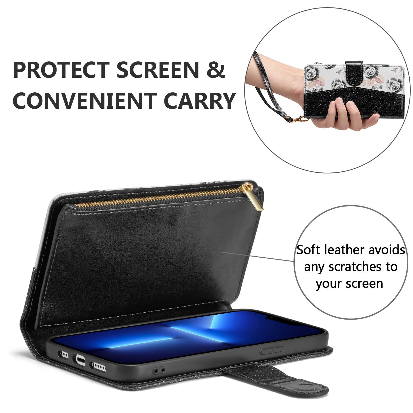 UEEBAI iPhone 13 Pro Max Wallet Case - PU Leather Magnetic Closure with Card Slots, Zipper Pocket, Kickstand & Hand Strap | Stylish Bling Black Flip Cover for Women | Perfect for Shopping, Travel & Everyday Use