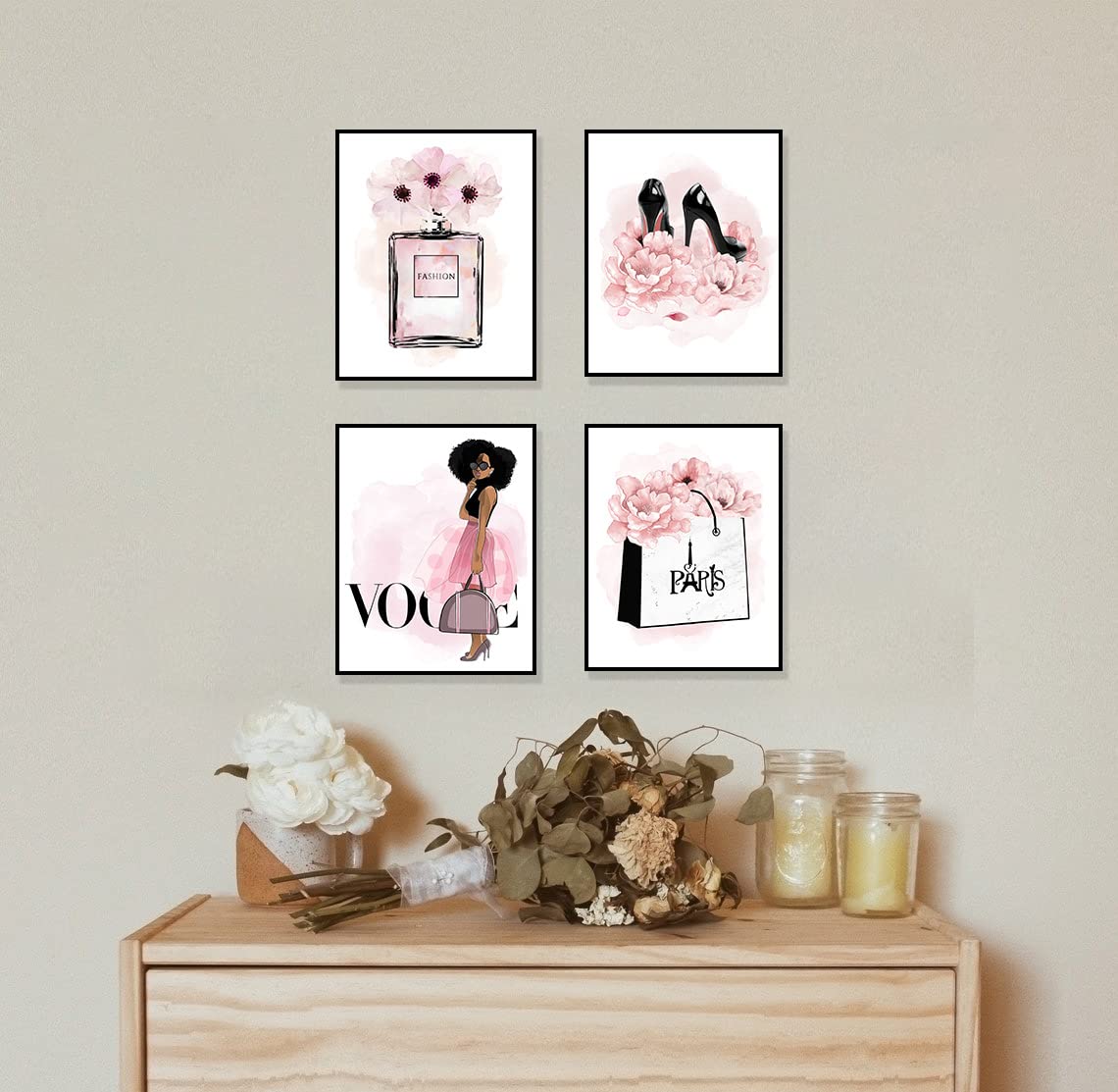 African American Wall Art - Black Girl Pink Flowers Canvas Prints, Set of 4 (8x10in UNFRAMED) - Perfect for Girls Bedroom Decor, Women's Room Aesthetic & Gift Ideas - Wall Paintings Featuring Perfume, Handbags & High Heels - Modern Home & Office Decor