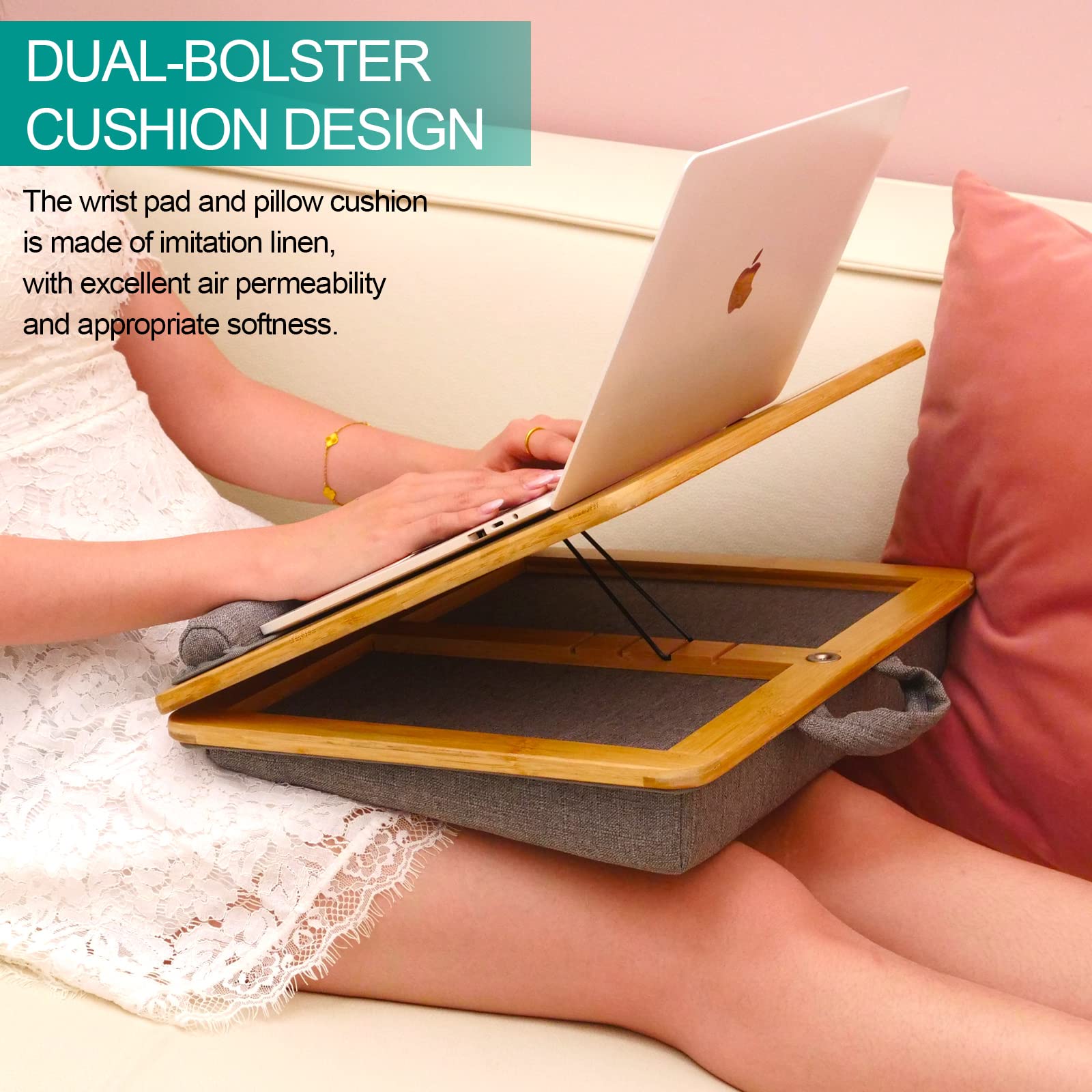 Adjustable Bamboo Lap Desk for Laptop with Cushion - Portable Laptop Stand with Tablet Slot & Phone Holder - Ergonomic Bed Tray for Home Office, Sofa, Car & Travel Use - Perfect for Working, Studying or Watching Movies in Bed