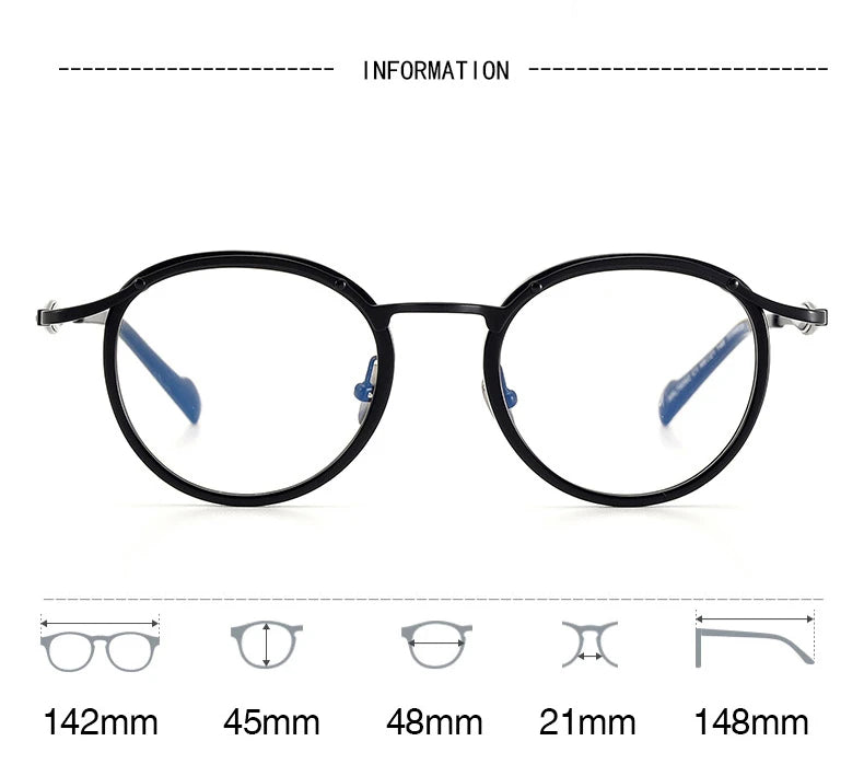 Stylish Black Unisex Full Rim Round Titanium Acetate Eyeglasses Frame 46062 - Perfect for Reading, Work & Everyday Fashion