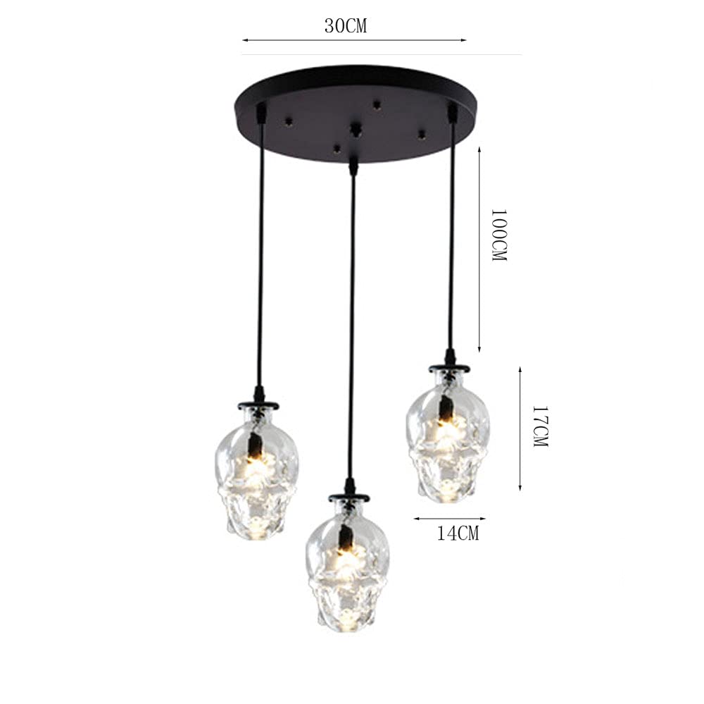 Vintage Skull Pendant Light - Adjustable 3-Light Glass Chandelier for Kitchen Island, Dining Room & Bar | Modern Retro Ceiling Hanging Fixture with Creative Personality Design
