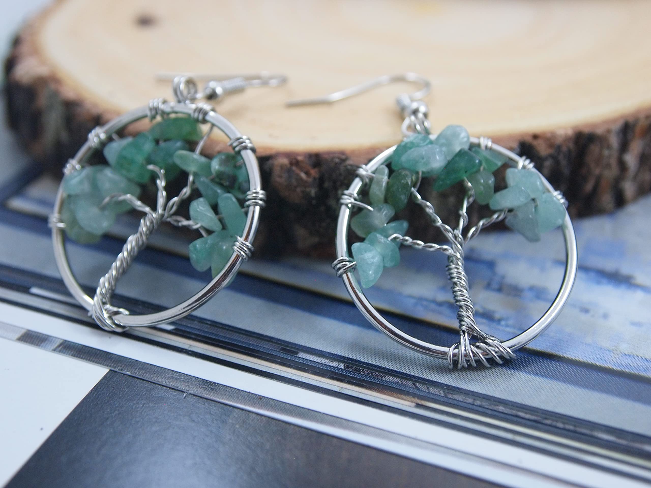Tree of Life Hoop Earrings - Green Jade Dangle Drop Earrings for Women | Graduation Gift, Teacher Appreciation, Back to School Present | Boho Jewelry for Everyday Wear & Special Occasions