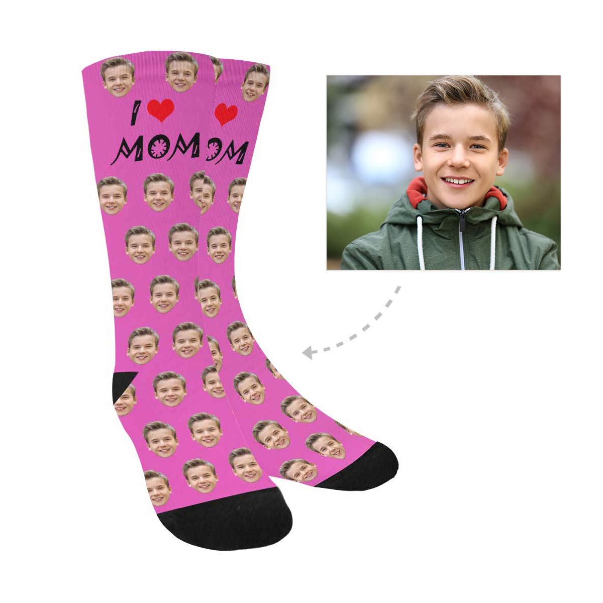 Custom Photo Socks with Faces - Personalized Printed Crew Socks for Mom - Red Heart 