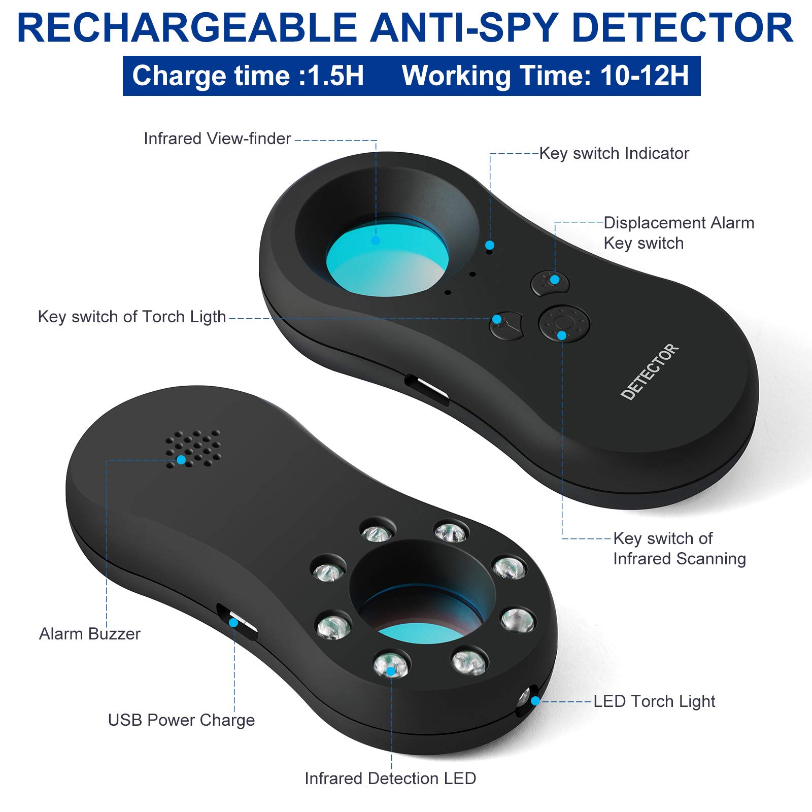 Portable Anti-Spy Hidden Camera Detector with LED Flashlight | 3-in-1 Bug Detector, Pinhole Camera Finder & Personal Alarm | Ideal for Home Security, Office Privacy & Travel Safety