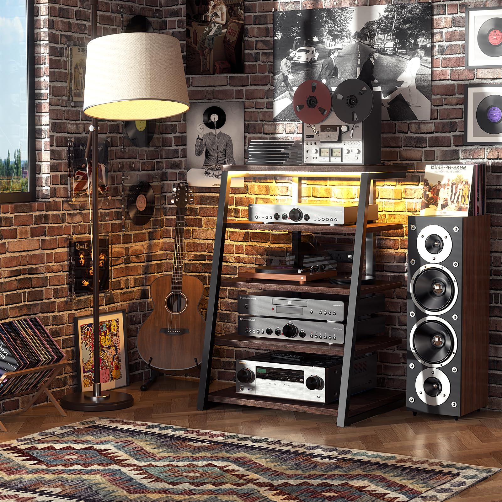 5-Tier AV Media Stand with Built-in Power Strips & LED Lights - Adjustable Shelves for Stereo, TV & Audio Equipment - 40.8