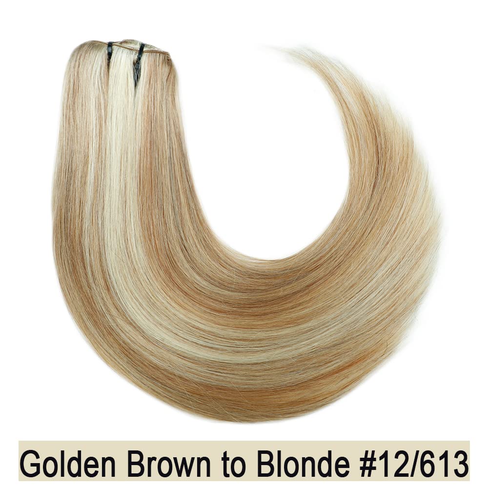 Premium 8pcs Brazilian Remy Human Hair Clip-in Extensions - 16 Inch Straight Golden Brown to Blonde (#12/613) 120g - Natural Look for Daily Wear, Parties & Special Occasions