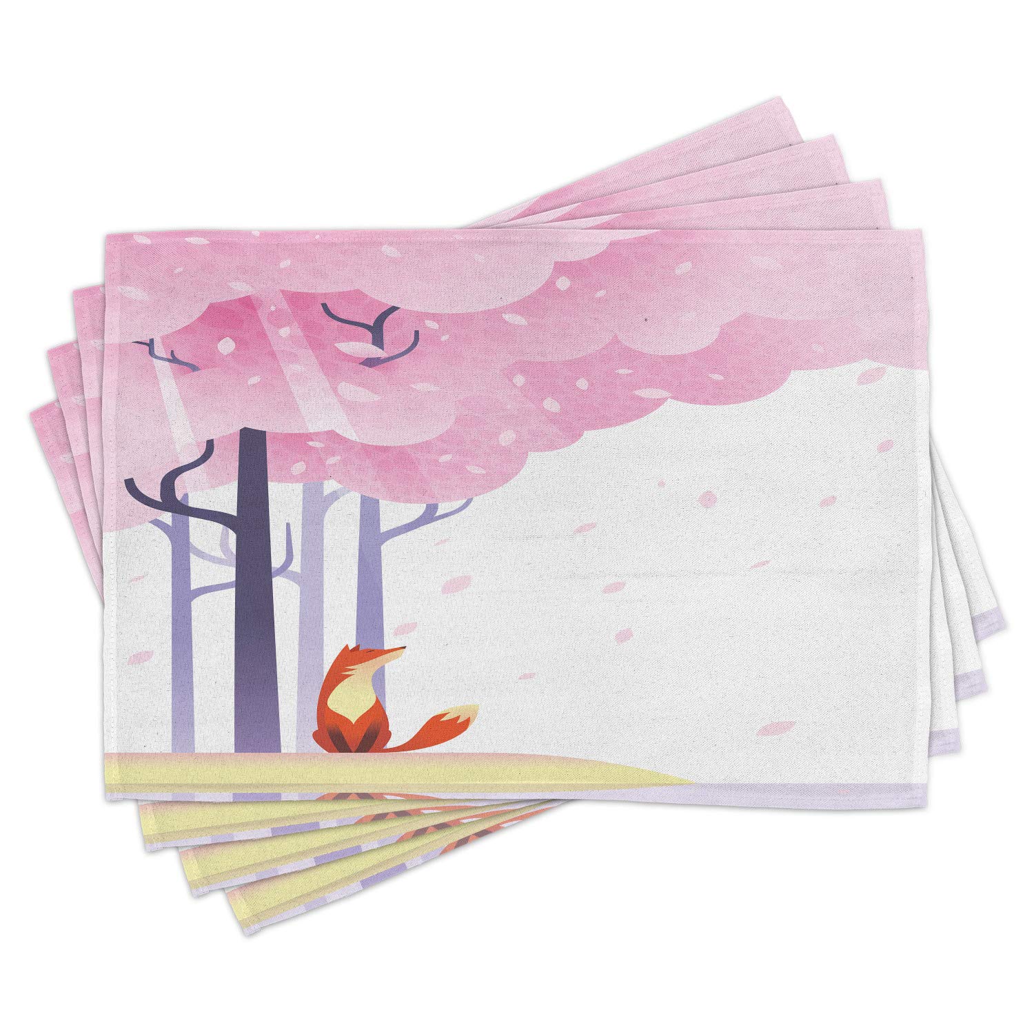 Ambesonne Fox Place Mats Set of 4 - Spring Inspired Pink Sakura Tree & Falling Leaves Design - Washable Fabric Table Mats for Dining Room & Kitchen Decor in Pale Pink, Orange & Lavender - Perfect for Spring Parties, Easter Decor & Cozy Family Dinners