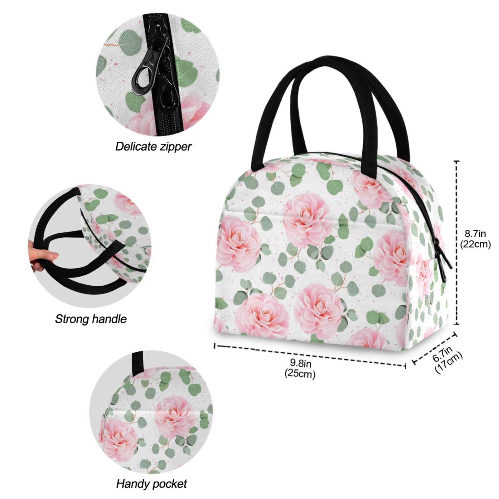 ZZKKO Insulated Lunch Bag - Pink Camellia Pattern, Reusable Meal Prep Cooler with Zipper for Women & Men - Perfect for School, Office, Picnics & Outdoor Activities