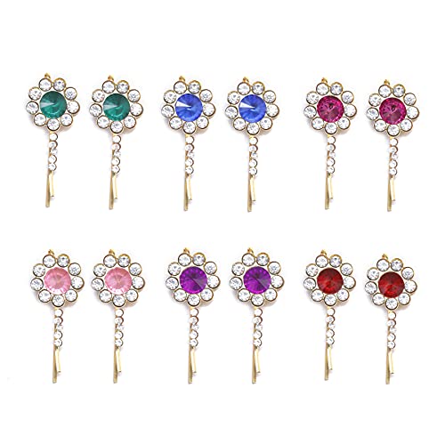 Honbon Floral Hair Clips for Women & Girls - 12-Piece Set with Stone Work & Metal Design - Multi-Color Round Barrettes for Weddings, Parties & Everyday Styling