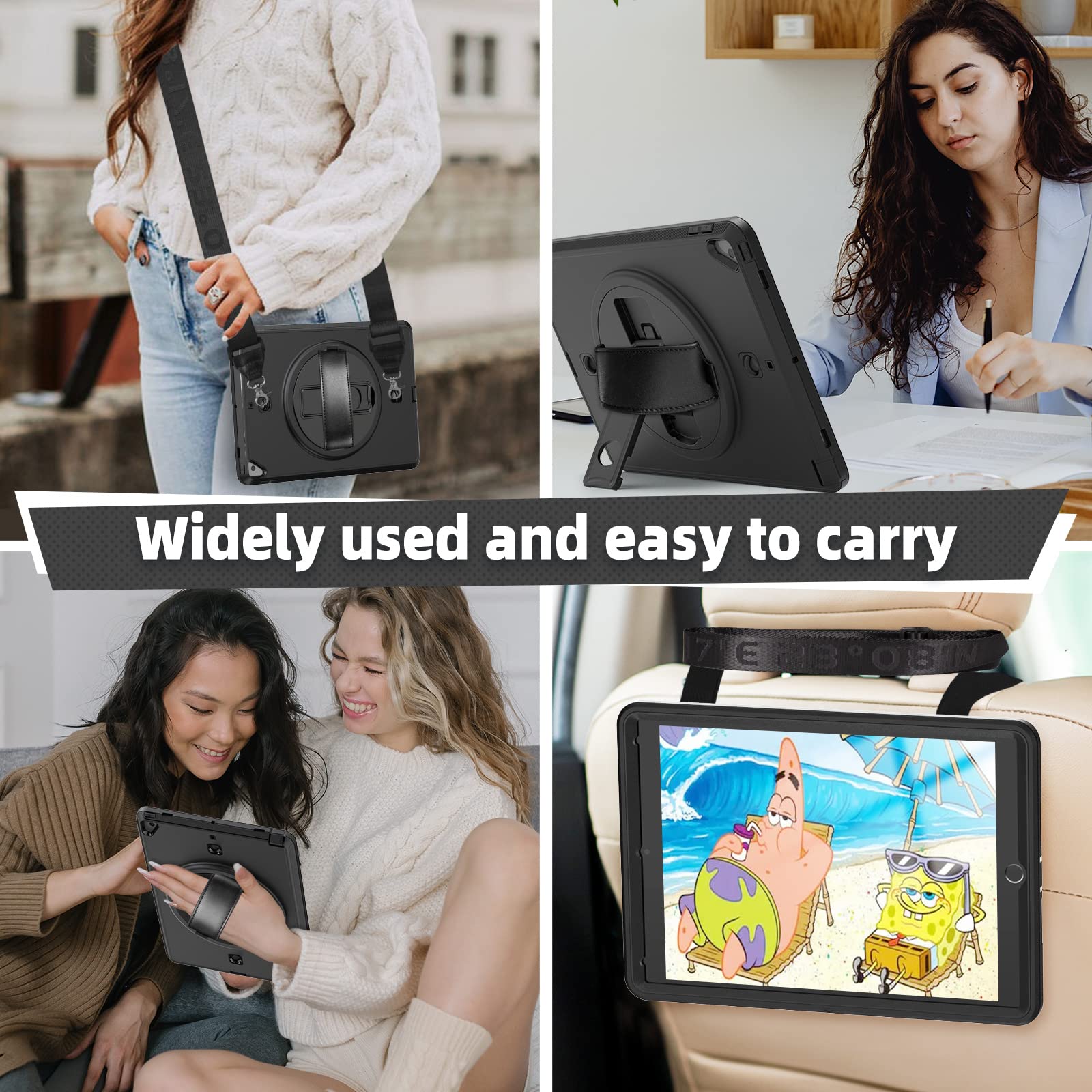 Timecity iPad 7th/8th/9th Generation Case (10.2 inch 2019-2021) - Heavy Duty Protective Cover with Built-in Screen Protector, Rotating Stand, Hand/Shoulder Straps & Apple Pencil Holder - Black | Perfect for Work, School & Travel